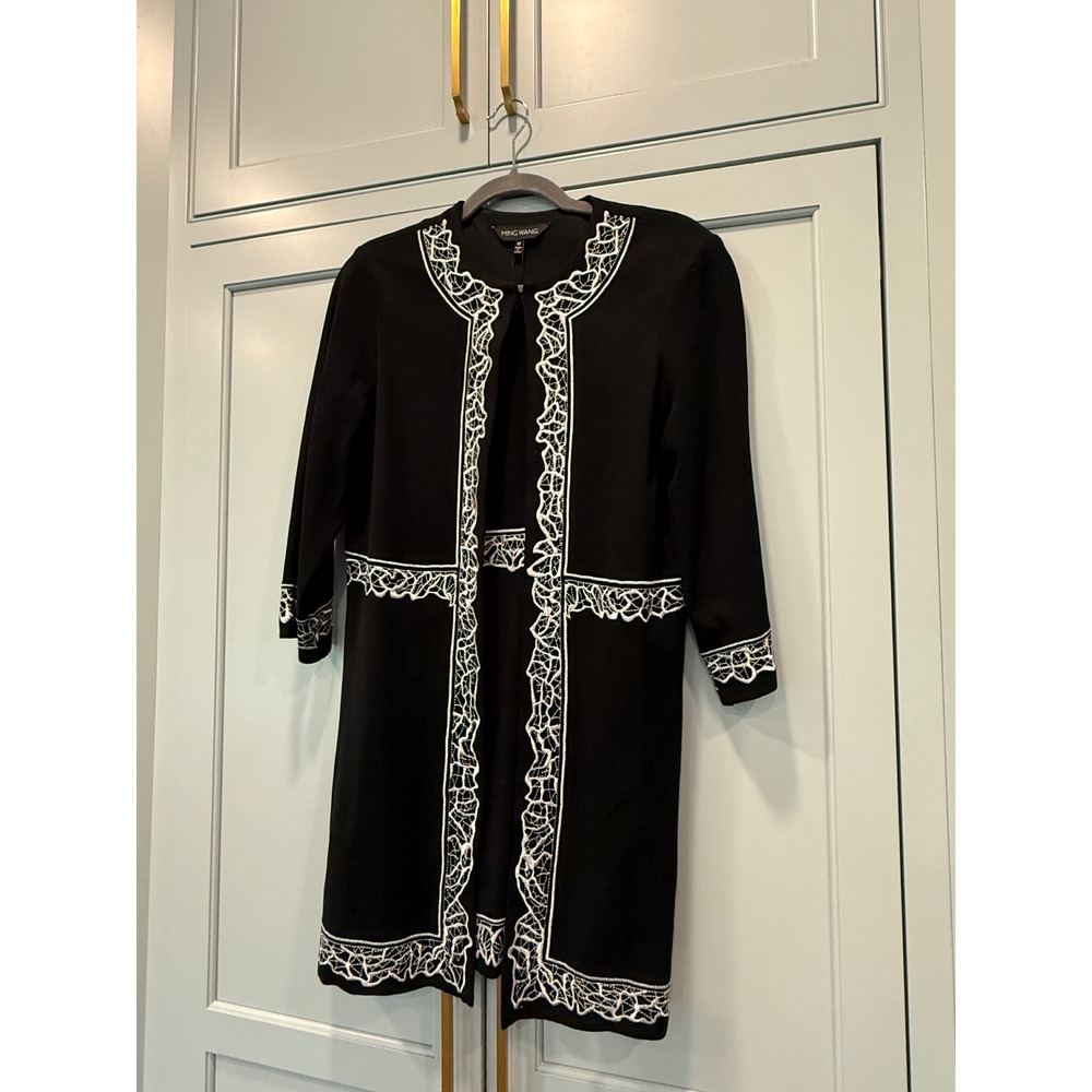 Ming Wang Wrinkle Free Knit Open Front Jacket Black White Lace Trim Duster Sz M